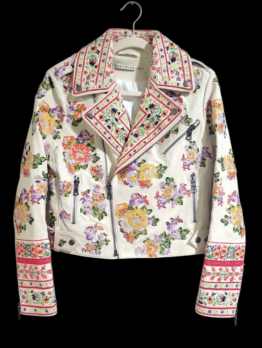 Alice + Olivia Lamb Leather Rare Embroidered Moto Jacket Size M MSRP $1595 - Picture 2 of 16